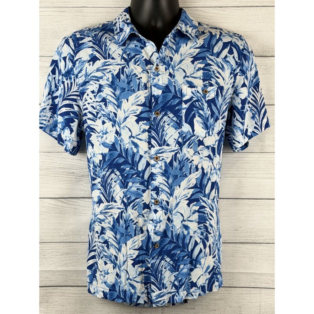 Havana Jim Shirt Mens M Blue Tropical Floral Rayon Button Up Short Sleeve